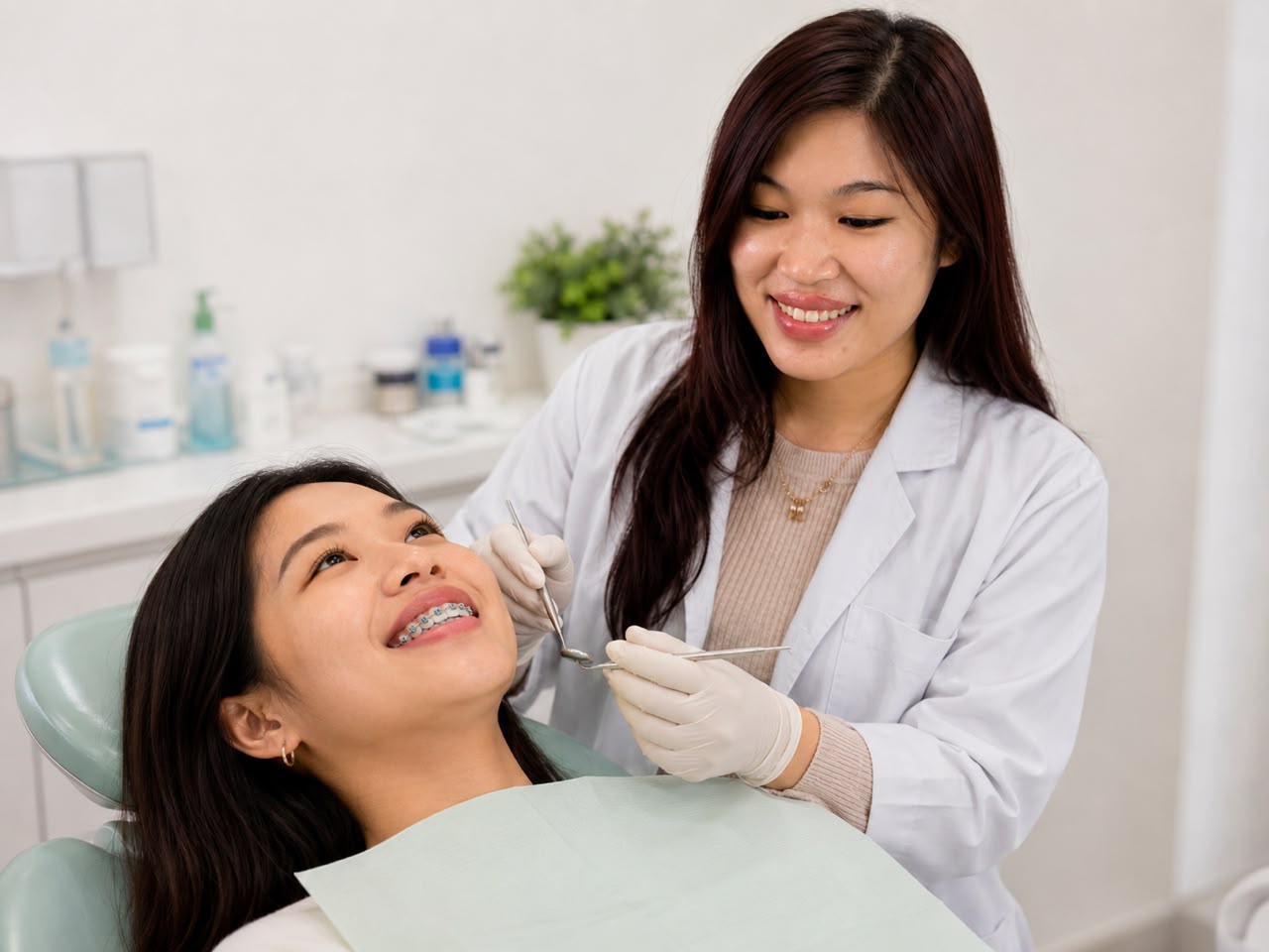 Dentist at FTS Chin Dental checking a patient's dental braces in Likas, Kota Kinabalu