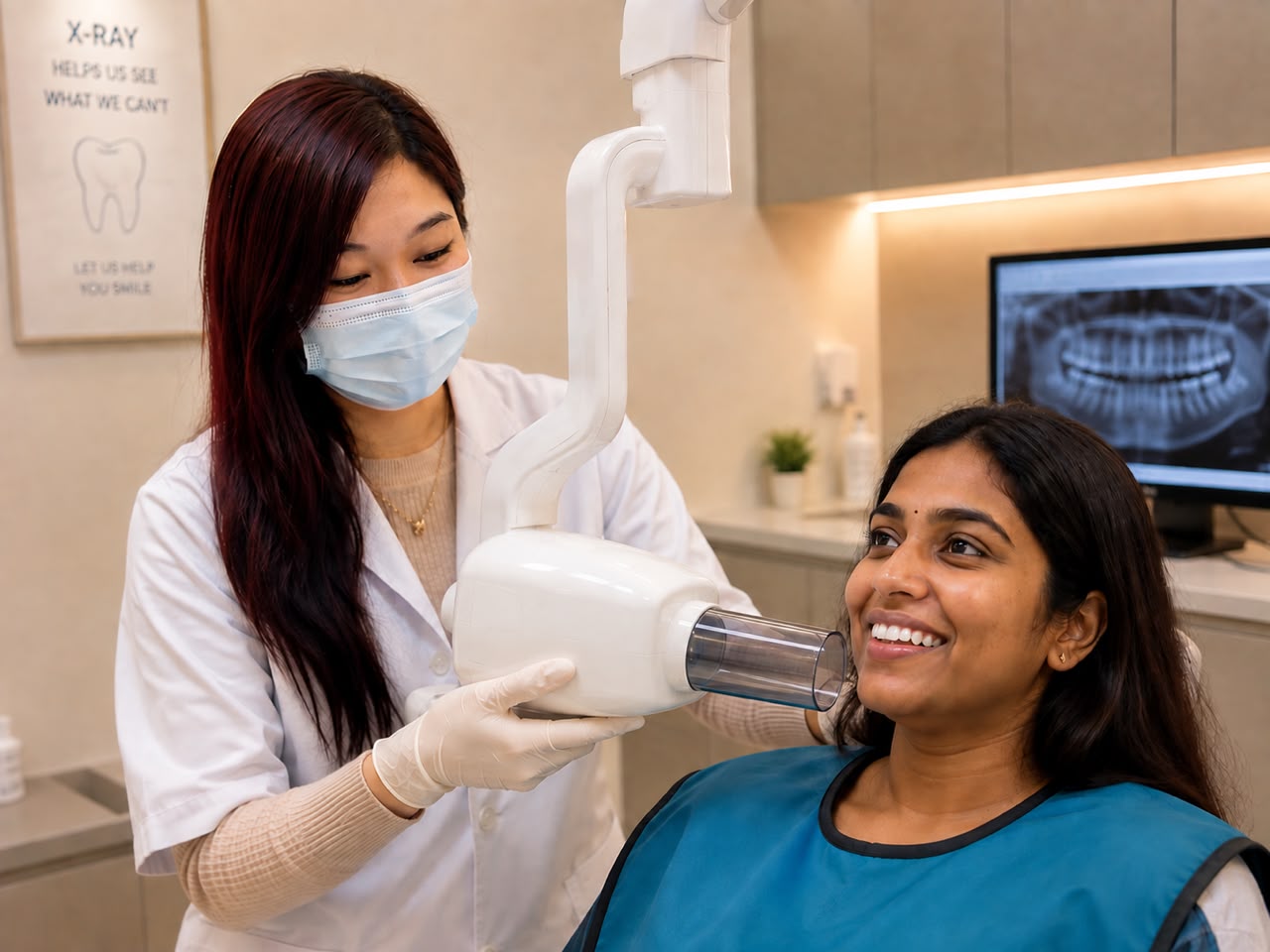 Dentist at FTS Chin Dental taking a dental X-ray to find the cause of a patient's tooth pain in Likas, Kota Kinabalu