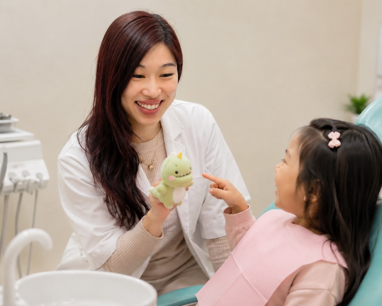 A friendly FTS Chin Dental dentist engaging a young child with a toy dinosaur during a relaxed dental visit in Kota Kinabalu