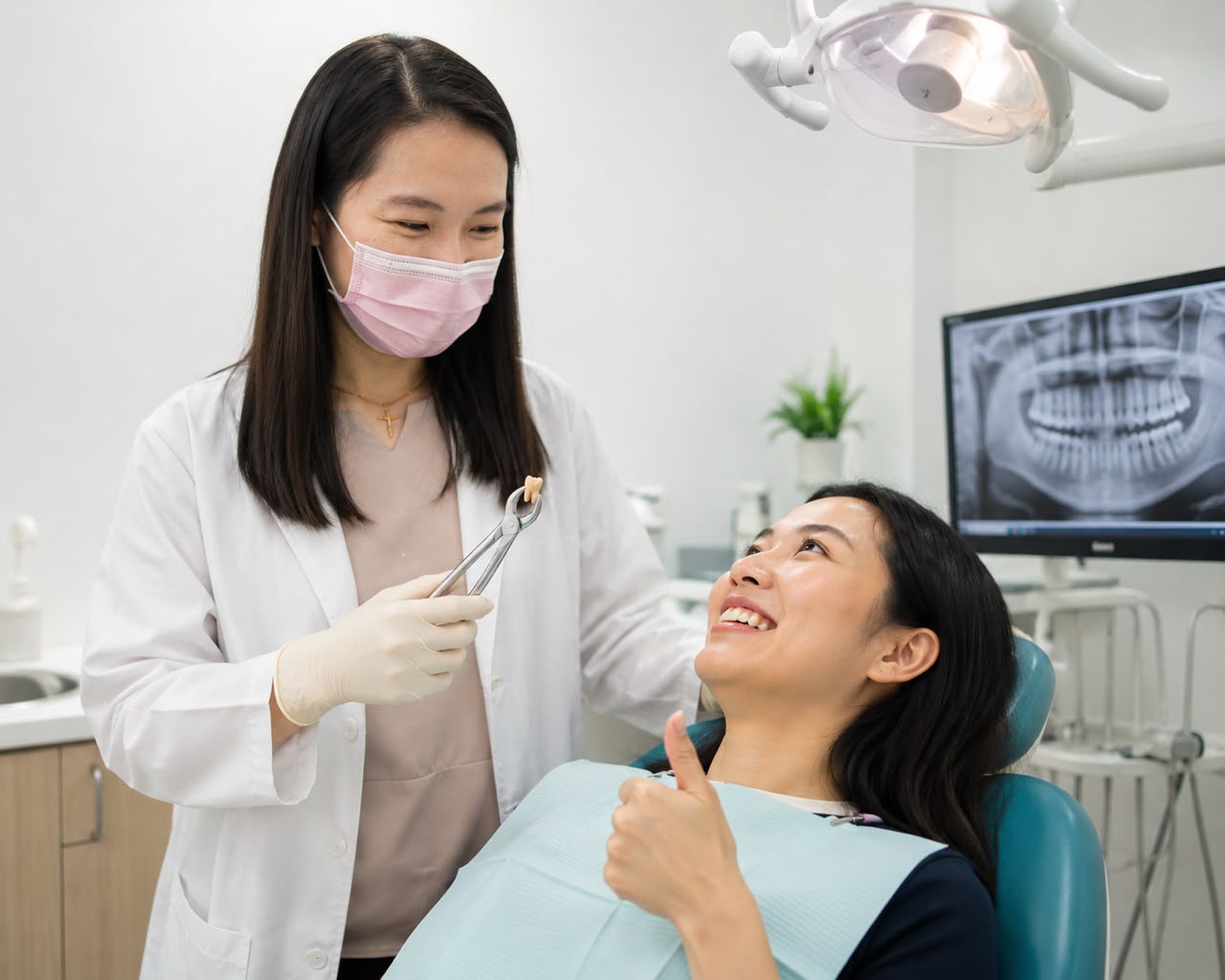 A dentist at FTS Chin Dental showing a patient the extracted tooth after a smooth, comfortable procedure in Kota Kinabalu