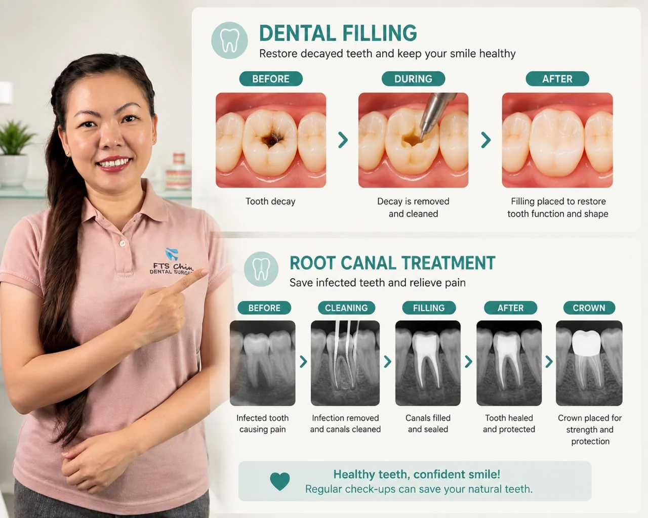 FTS Chin Dental team member presenting a step-by-step guide to dental fillings and root canal treatment, showing before, during and after stages