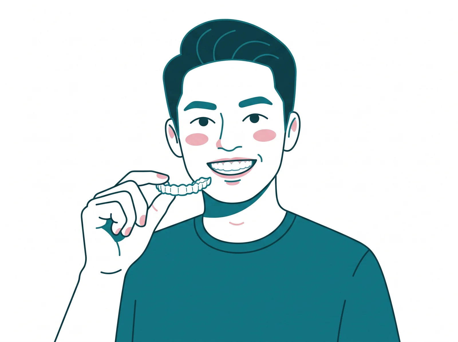 Illustration of a Malaysian adult holding a clear Invisalign aligner