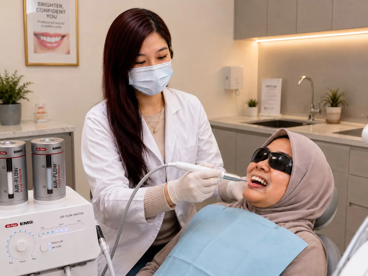 A dentist performing EMS Air-Flow scaling and polishing on a patient at FTS Chin Dental in Likas, Kota Kinabalu