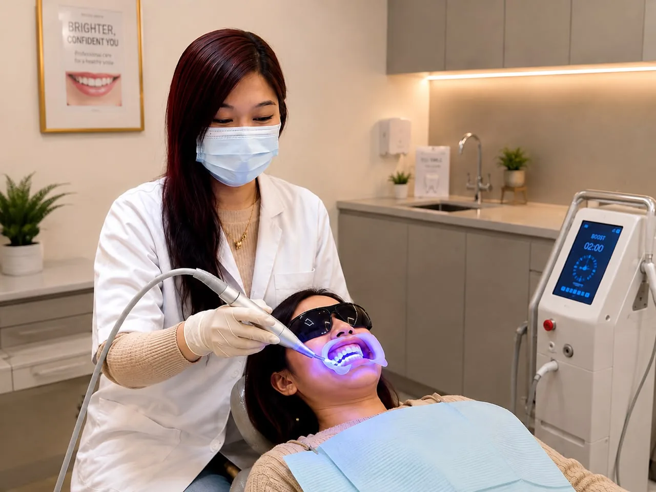 A dentist performing professional teeth whitening with a blue-light device on a patient at FTS Chin Dental in Likas, Kota Kinabalu