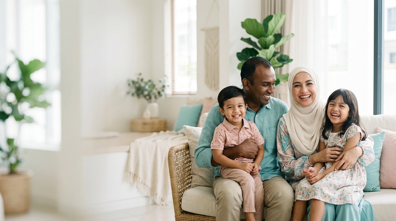 A family of four sitting together on a sofa at home